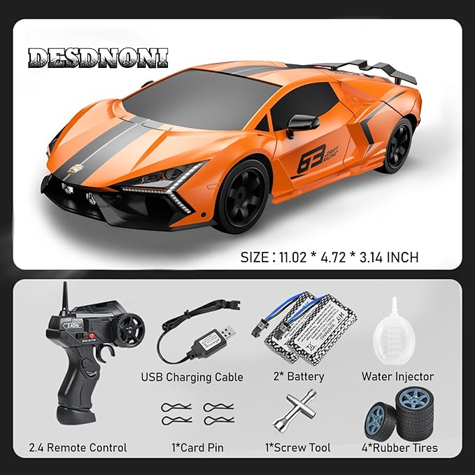 Remote Control Car RC Drift Car 1:16 Scale 4WD 18KM/H High Speed Model Vehicle 2.4GHz with LED Lights Spray Rubber Tire Racing Sport Toy for Adults Boys Girls Kids Gift 2Pcs Rechargeable Batteries