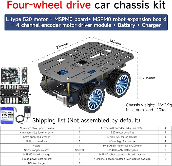 Yahboom 4WD Smart Chassis Car Kit with Aluminum Alloy Chassis520 Encoder Motor65mm WheelsRobotic Moving Platform (Black Unassembled) with Battery