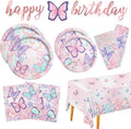 Butterfly Birthday Party Supplies Disposable Paper Plates Napkins Cups Tablecloth and Banner for Butterfly Girl Party Birthday Decorations Serve 25