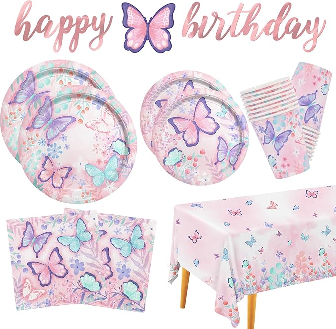 Butterfly Birthday Party Supplies Disposable Paper Plates Napkins Cups Tablecloth and Banner for Butterfly Girl Party Birthday Decorations Serve 25