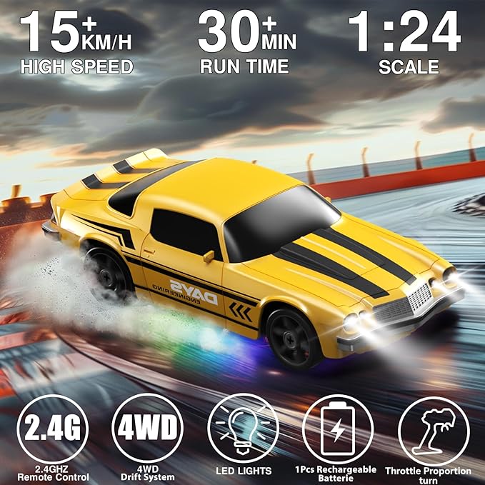RC Drift Car 1:24 Remote Control Car 4WD 15KM/H High Speed Racing Sport Car with LED Lights RC Cars Toy for Kids Boys Girls Adults Gifts Birthday Christmas Rechargeable Batteries