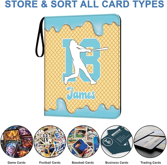 Personalized Ice Cream Drip Baseball Card Binder with Name &amp Number – Zipper Trading Card Album with Handle – Collector Case for Players &amp Fans (Ice Cream Drip Art #8)