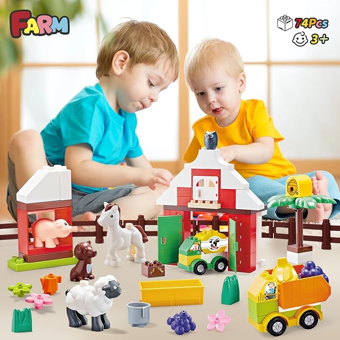 Building Blocks for Toddlers 1-3-5 Farm DIY Big Classic Building Bricks Toys Set for Kids Ages 2-4-5-8 With Barn Animals Truck Compatible With All Major Brands Gift Toy for 3-5 Boys Girls 74 Pcs