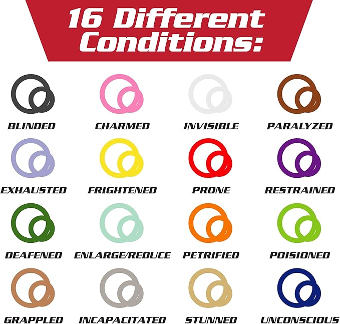 Deluxe Condition Rings w Wooden Case (64 Rings for Standard &amp Large) - 16 Conditions DND Flexible Design- Easy Affix Base Slides Under Figure- Works with Dungeons Dragons Pathfinder &amp All RP