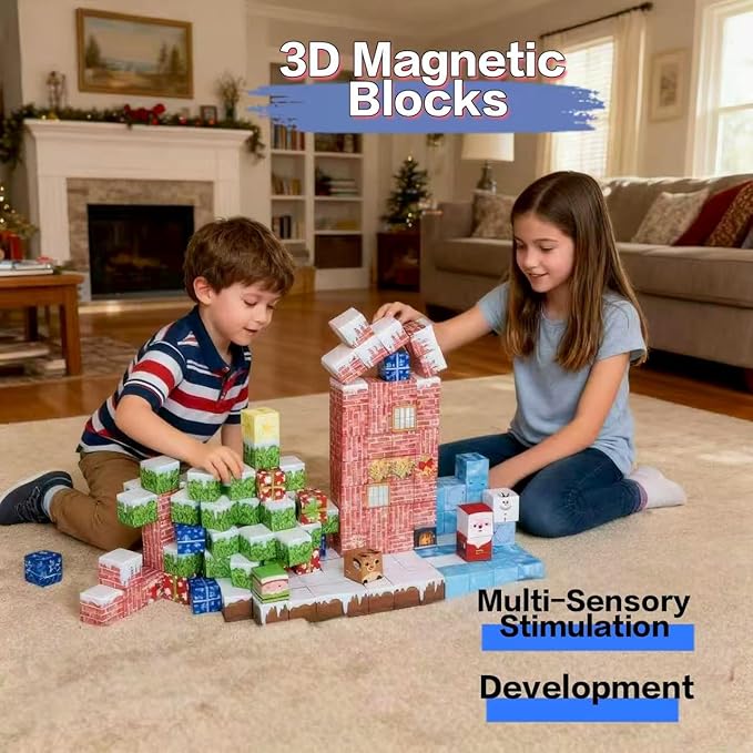 150PCS Magnetic Tiles Christmas Building Set STEM Sensory Toys with Santa &amp Reindeer Figures for Kids Ages 3-12 Gift Educational Magnetic Blocks for Toddler Boys Girls