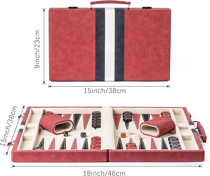 15inch Backgammon Sets for Adults Classic Board Game with Folding Leather Backgammon Case Faux Leather Exterior and Velvet Interior Portable Travel Game Set (Red)