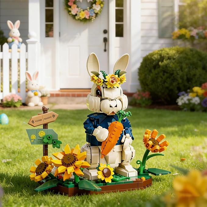 Easter Bunny Building Set with Carrot &amp Sunflower Base 1258 PCS Bricks Blocks Rabbit Model Compatible with Lego Easter Creative Easter Gift for Kids and Adults