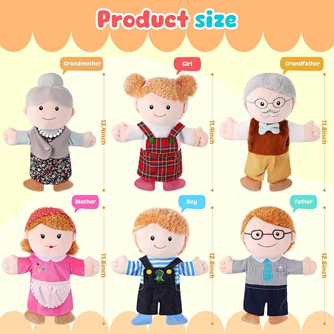 6 Pcs Family Hand Puppets 12 Inch Grandparents Mom &amp Dad Brother &amp Sister Plush Hand Puppet Toys Role-Play Toy Puppets for Kids Storytelling Imaginative Pretend Play Teaching Preschool(6 Fam