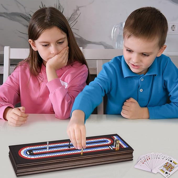 VAMSLOVE 16'' Cribbage Board Game Set Wooden 3-Track Scoreboard with Large Slots for Storing 2 Playing Cards and 9 Metal Pegs Travel Family Game Night (Instruction Included)