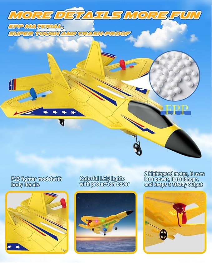 RC Plane F22 RC Airplane 2. 4GHz Foam Remote Control Airplane with Gyro Stabilizer/LED Light/2 Rechargeable Batteries Easy to Fly RC Glider Jet Toy for Kids Boys Adults Beginners (Yellow)