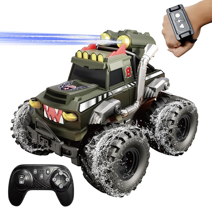 Dual Remote Control RC Car with Magic Gesture Wristband &amp 40+ Min Play 1:18 Fully Submersible Waterproof All Terrain 4WD Monster Truck Amphibious Toy Crawler Gift for Boys Girls Ages 6-12-Green