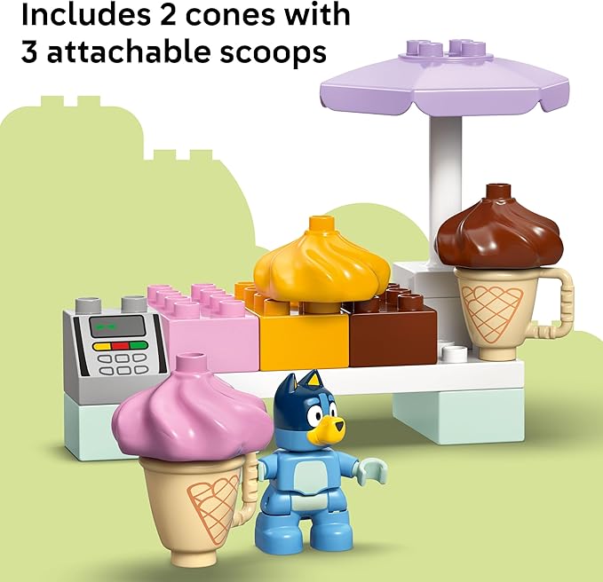 LEGO DUPLO Bluey Ice Cream Trip with Bluey - Toddler Toy for Kids Boys and Girls Ages 2+ - Includes Figure and Ice Cream Stand - Sensory Toy for Pretend Play - Preschool Gift Idea - 10458