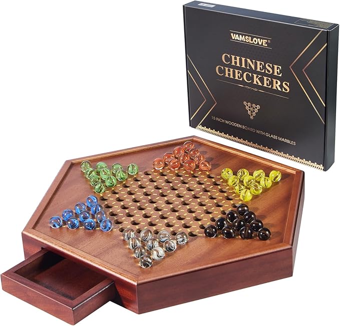 VAMSLOVE Chinese Checkers 15 Large Upgraded Version Wooden Game Board 16mm 60+12 Colorful Glass Marbles Easy Grasping for Adults and Kids w/Storage Drawer Fun for Family Gathering
