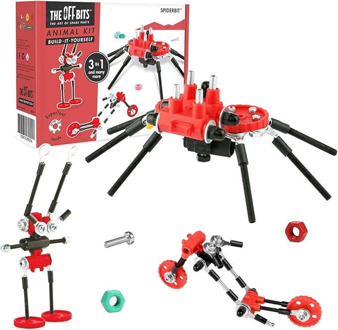 The Off Bits Erector Set: Animal Mini STEM Toys for Kids 6+ Toy Building Sets with Nuts &amp Bolts STEM Building Toys Gifts for Boys and Girls (Red Spider)