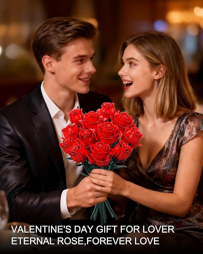 Red Rose Bouquet Building Set 12 Artificial Roses Flower Building Blocks for Adult Women Botanical Collection Home Decor Romantic Gift for Mother's Day Valentine's for Adults Girls (512 PCS)