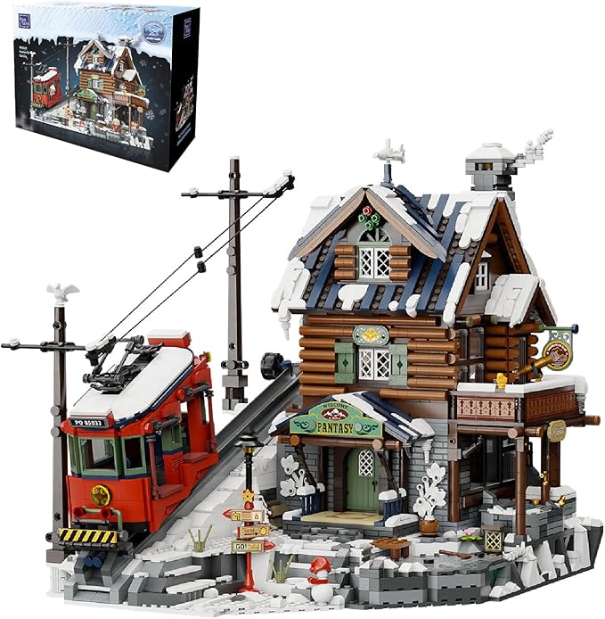PANTASY Winter Summit Ski Lodge Building Set3-Story Mountain Cabin with Vintage Tram&ampSnowy LandscapeModular Brick Architecture Model with Opening WallIce Cave&ampMinifigures Holiday Display fo