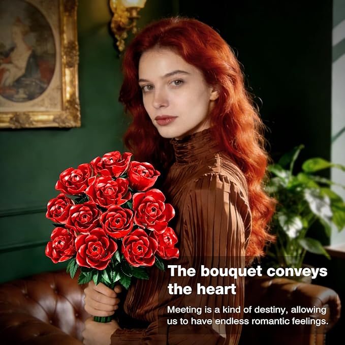Rose Rotating Everlasting Flower Building Set (866PCS) Compatible Artificial Bouquet Elegant Home/Office Decor Accent for Tabletop Display Long-Lasting Home Decoration (Red)