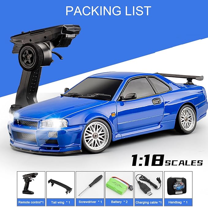 LD1899 1/18 RC Drift Car GTR R34 2.4GHz RWD with Gyroscope on-Road Alloy Body Shell Racing Cars Radio Control (Blue)