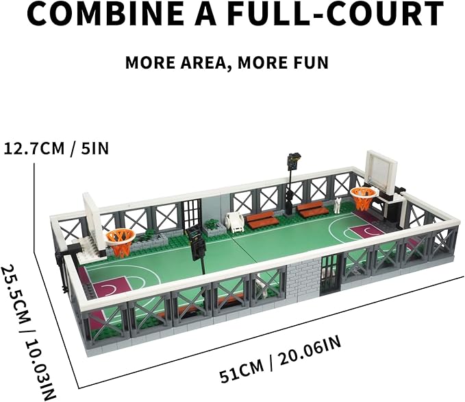 Basketball Court Building Block Set with 18 Sport Figures Compatible with Lego 853792 Accessory Basketball Accessory with Solt Can Be Held Bench Hoop for Basketball Fans