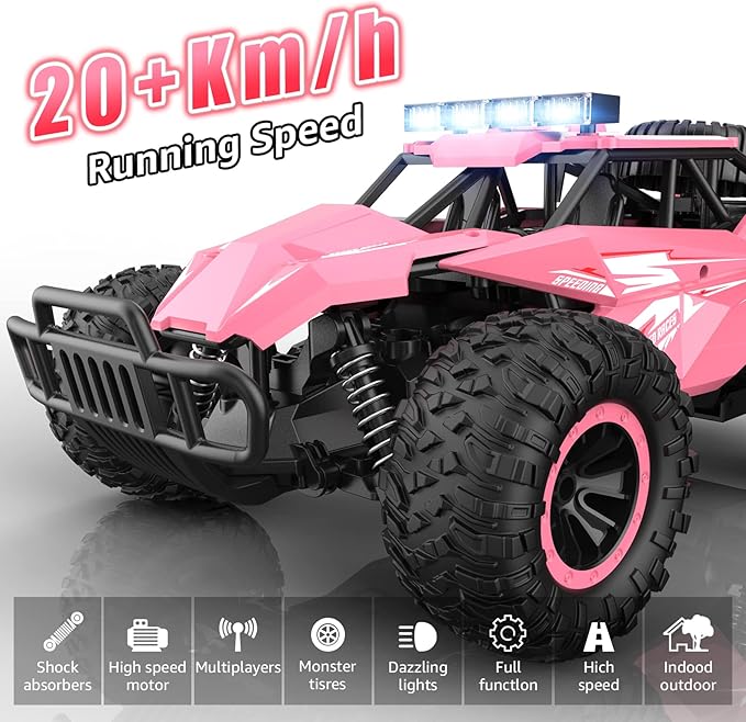 kolegend Remote Control Car for Girls 50+min Monster Trucks 20km/h 1:12 Scale 13 Inch All Terrains RC Truck with Flashing Chassis Lights Gift Toys for Girls Kids Boys
