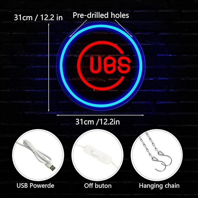Balanar Cubs Neon Sign Baseball for Sport Club Wall Decor Baseball LED Sign Neon Light For Man Cave Garage Decoration Red Neon Sign For BarDorm RoomParty DecorationGame Room Decoration