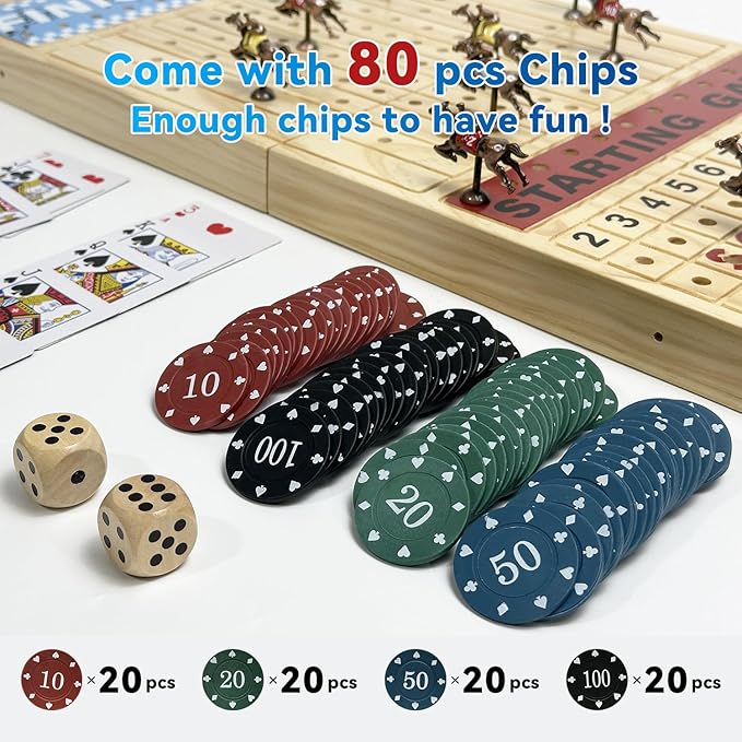 Large 23 inches Horse Racing Board Game with 11 Luxury Metal Numbered Horses Foldable Wood Horse Race Board Game with 2 Sets of Dice 2 Boxes of Cards 80pc Poker Chips for Parties and Gambling