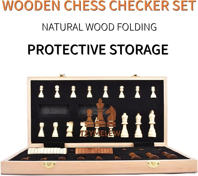 Wooden Magnetic Chess Set 15 – Foldable Board with Storage &amp Checkers Classic Family Game for Kids &amp Adults Perfect for Travel and Gifting