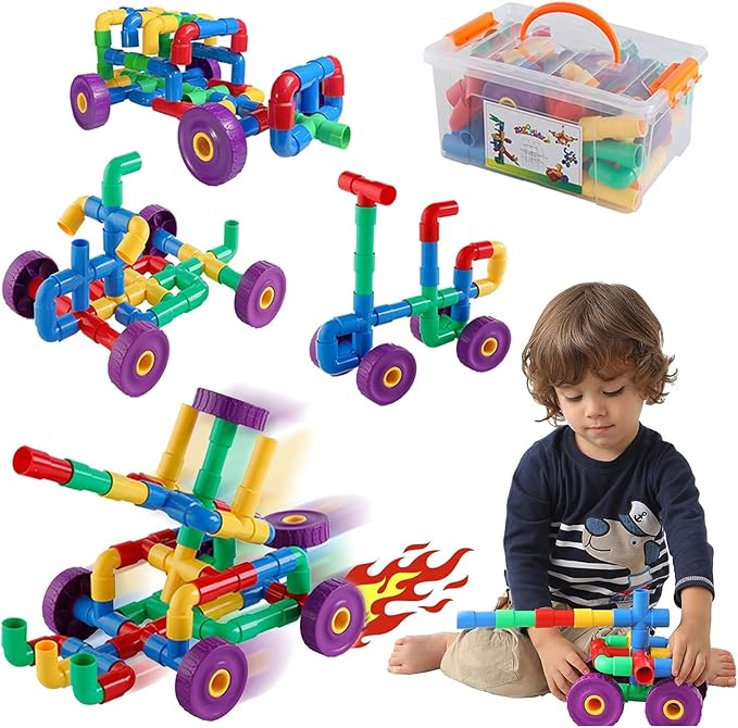 ZOZOPLAY STEM Learning Toy Tubular Pipes &amp Spouts &amp Joints 64 Piece Build Bicycle Tank Scootie Moter Skills Endless Designs Educational Building Blocks Set for Kid Ages 3+ Multicolor