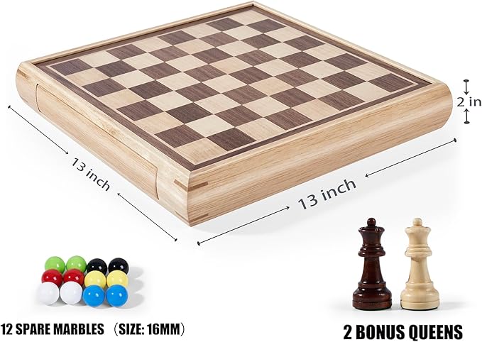 VAMSLOVE 13 Chess Chinese Checkers 2 in 1 Wooden Board Game Set with Pieces Storage Drawer - 2 Extra Queens Bonus Marbles for Birthday Gift (Instructions Included)