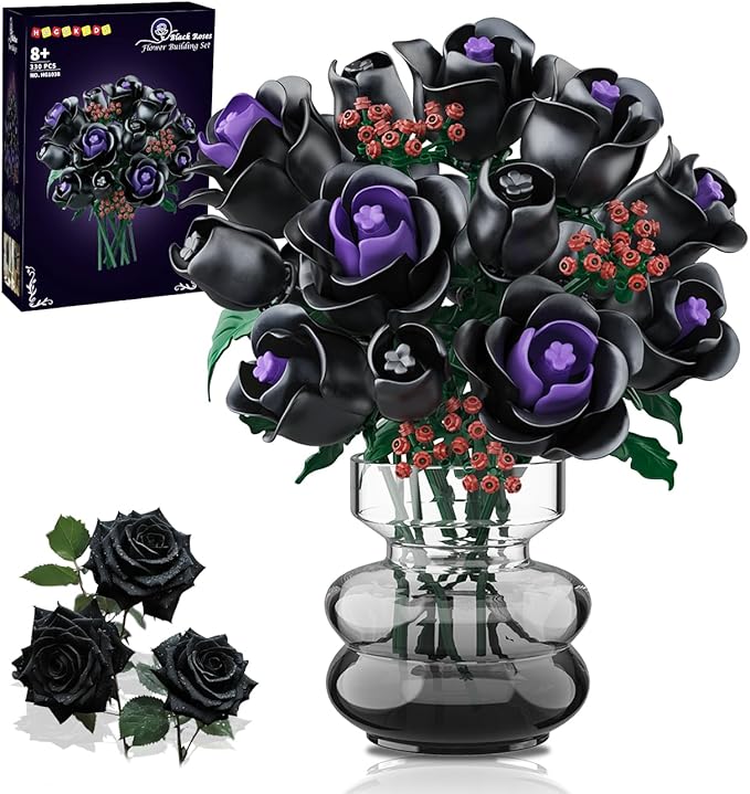 HOGOKIDS Flowers Bouquet Building Set - 15 Black Roses Botanical Collection Building Blocks Artificial Flower Toy 330PCS Gothic Home Decors Easter Gift for Her Girlfriend Wife Adults Teens Kids 8+