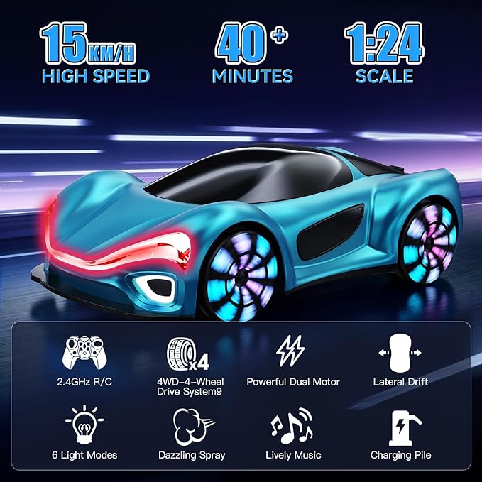 Remote Control CarRC Cars Boys Toys for 6 7 8 9 10 11 12 Year Old 2.4GHz 360° Rotate RC Cars with Cool Lights Music &amp Spray Effects Cool Birthday for Kids &amp Boys 6-12