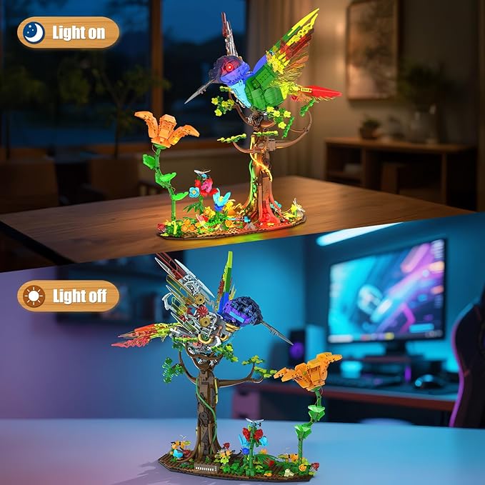 Hummingbird Building Blocks Set for Adults Boys Girls (1704 Piece) Animals Bird + Flower Natural Jungle Model with Lights Cool Mech Bird Home Decor Display Model Creative Birthday Gifts