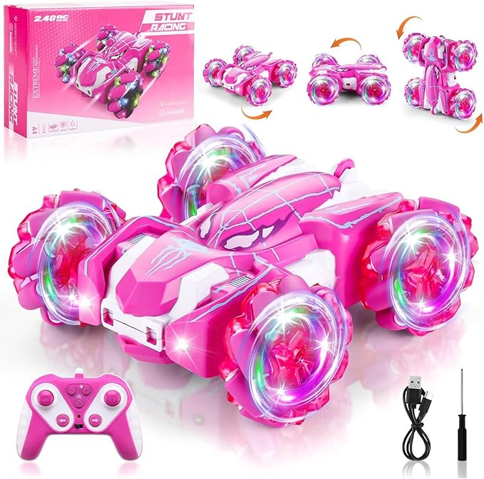 Spider Remote Control Car Double Sided 360°Rotating USB Direct Charging RC Cars with Cool Lights 2.4Ghz Drift RC Stunt Car 360°Rotating 4WD Off-Road Race Toys for 4-12 Boy Girl Kids Gifts(Pink)