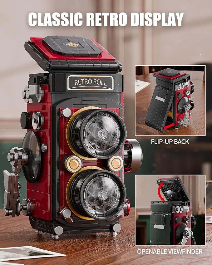 Retro Camera Building Blocks Sets with Lights DIY Camera Building Toys with Twin-Lens Reflex Design Unique Collectible for Home Decor Christmas Birthday Gift for Adults Boys age 8-12(719Pcs)