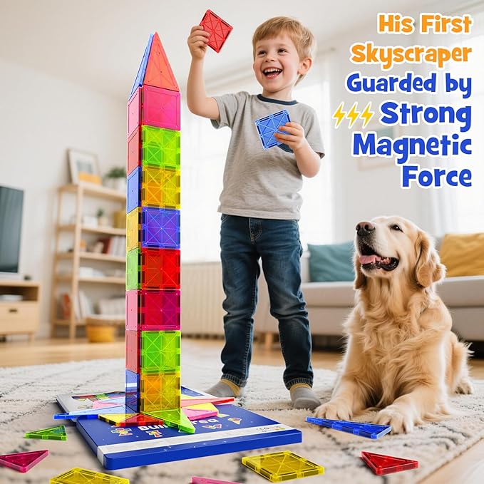 Jumbo Magnetic Tiles with Secure Metal Case 32 Pcs Large Magnetic Building Blocks for Kids 3-8 STEM Toys for Toddlers Preschool Learning Montessori Toys Age 3+ Boy Girl Gift