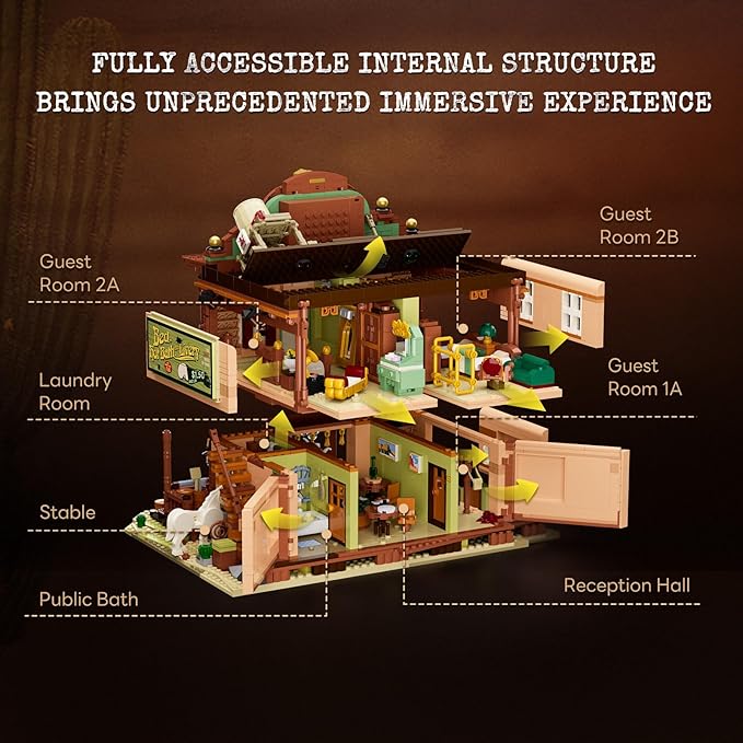Western-Inn Lighting-Building-Bricks Set - 2682 Pcs The Old West Inn Light Construction Hotel Building Model Set for Adults and West Lovers