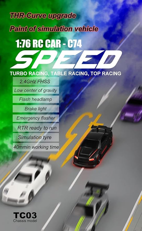 1:76 Turbo Racing Scale RC Sport Car Table Racing Remote Control Mini Model Car Full Proportional RTR Kit Toys (C74-black)