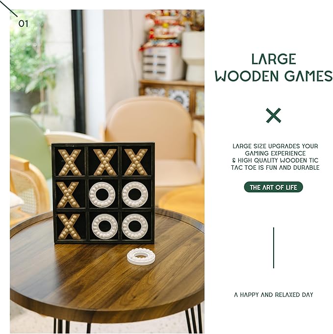 GENMOUS Wooden Tic Tac Toe Game Board for Seniors Family Indoor Game 10.6 Inch Black Rustic Giant Tic Tac Toe Coffee Table Decor Tic Tac Toe Board Game Fun for Family Travel Outdoor Game Room Decor
