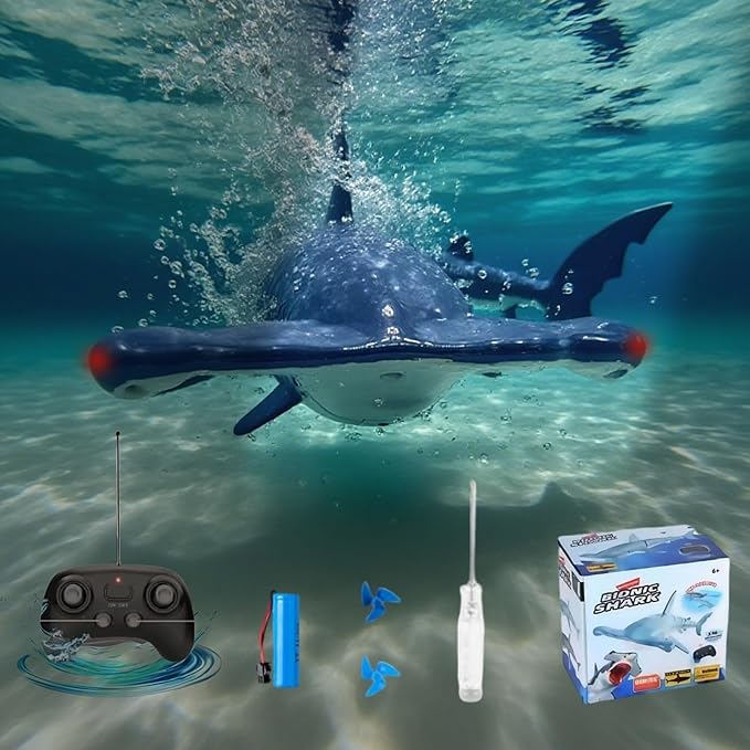 Summer Pool and Beach Remote Control Shark Boat Bath Toys RC Submarine Robo Shark Model Realistic Wiggle-Tail Electric Fish Hammerhead and Dusky Sharks Kids Gift Pool Toy for Ages 6–12 (Blue)