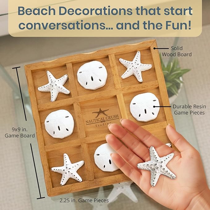 Starfish Tic Tac Toe Game - 9 x 9 - Beach Tic Tac Toe Game - Coastal Beach House Coffee Table Game Board - Tic Tac Toe Decor - Beach House Games - White Starfish &amp Sand Dollars