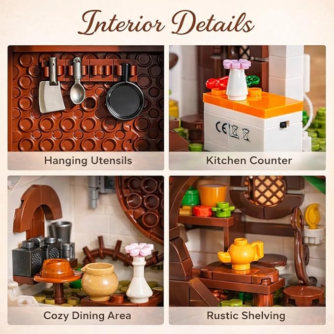 Bag End Dwarf Hole Building Blocks Set (1088 PCS) - 35x27x15cm Model with Interior LED Light Working Doors - Collectible Display Cabin blokcs