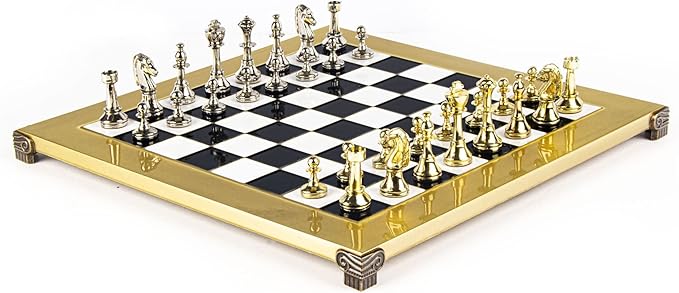 Classic Metal Staunton Chess Set - Brass Nickel Pawns - Gold Black Chess Board