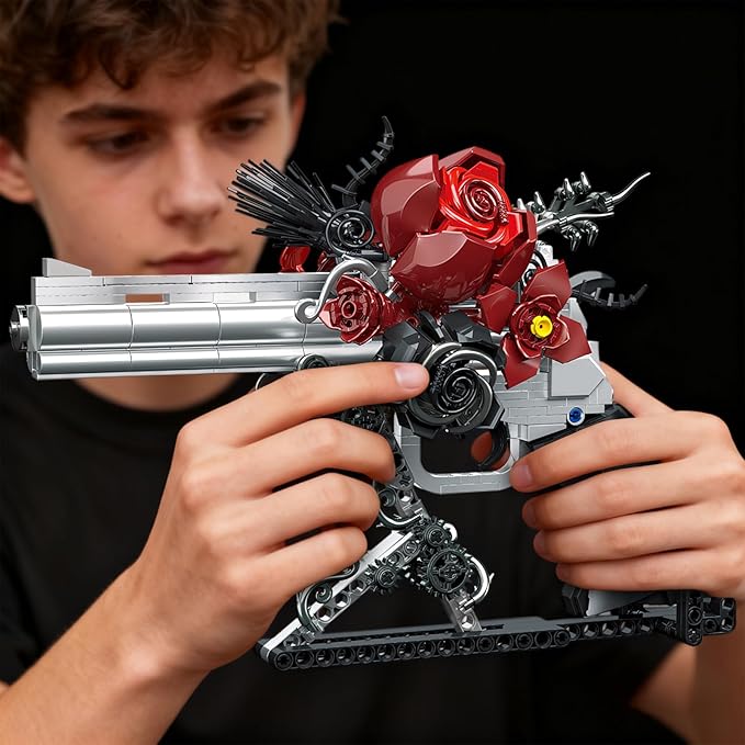 Guns &amp Petals Decorative Revolver Building Blocks with Red Roses Gothic Rose Revolver Building Kit Gothic Style Display Piece Creative Gift for Adults Teens 631 PCS