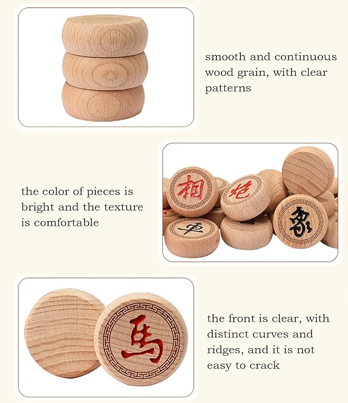 Beechwood Chinese Chess Set Xiangqi Travel Board Game Set with Leather Chessboard Strategy Board Games for 2 Players(5.8cm/2.3in)