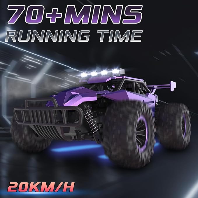 1:16 Scale Purple Remote Control Car 20 Km/h High Speed Girls Remote Control Car Monster Vehicle with LED Headlights and Chassis Lights RC Truck for Girls Boys and Adults