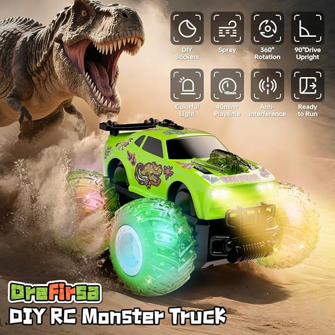 Remote Control Car for Toddler Monster Truck for Boy Age 4-7 with Dinosaur DIY Sticker Headlight Colorful Light Spin and Mist Birthday Gift Toy for Boy Age 3-5 5-7