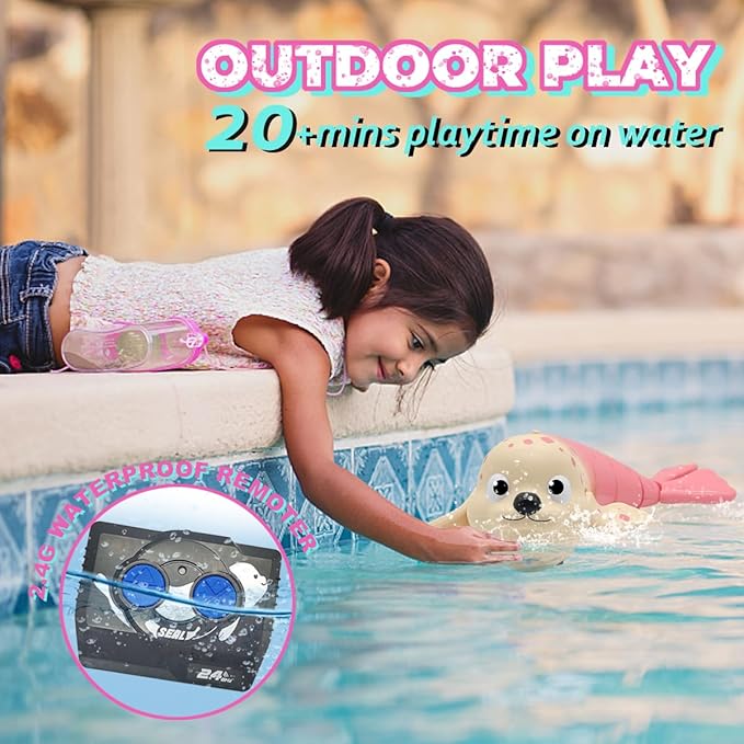 Pool Toys Amphibious Remote Control Seal on Land Water 2.4Ghz Rechargeable Battery Remote Control Shark for Pool Robot Toys for Kids 8-12 Years Old Boys Girls 8910 Upgrade Version Pink