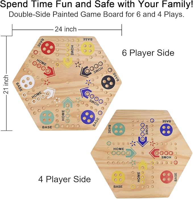 24 Wooden Wahoo Board Game Double-Sided for 4 or 6 Players Fast Track Board Game Original Marble Game Set with 36 Marbles 8 Dice for Family Night Parties and Adult Gifting