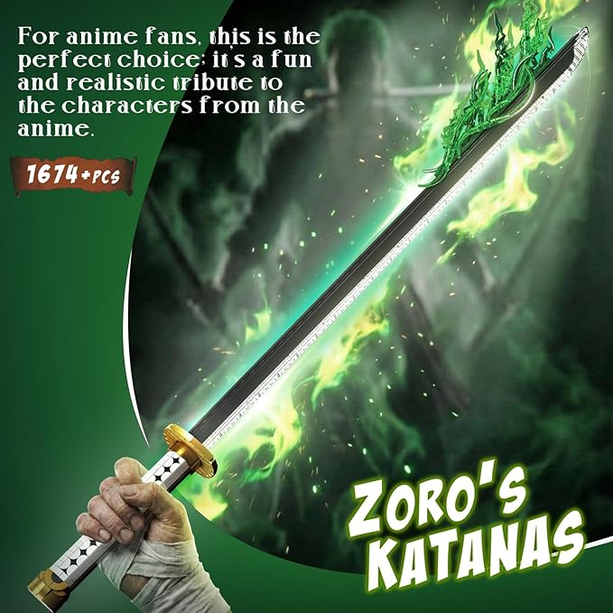 Mould King 10258 Anime Swords Building Blocks Set Rechargeable LED Light Sword for Adult Role-Playing - Zoro’s Wado Ichimonji Model with Display Stand &amp Scabbard