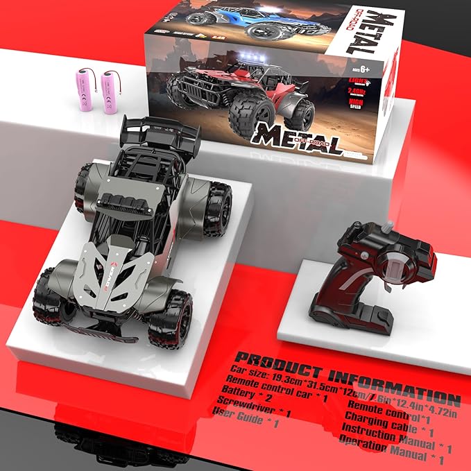 Remote Control Car 2.4GHz Remote Control Truck Metal Shell High Speed 20 KM/H Monster RC Truck Off Road with LED Headlight RC Car Two Rechargeable Batteries 50+min Gifts for Kids 6-12